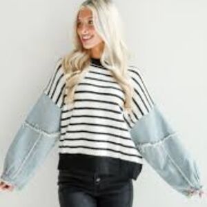 Very Cute Striped Black and White Sweater with Denim Accents. So Soft.